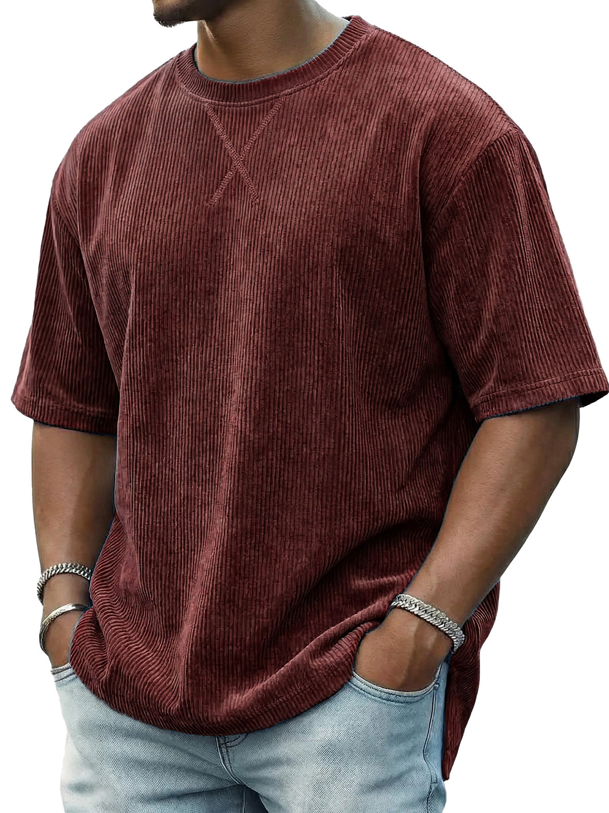 Men's Casual Fashionable Ribbed Crew Neck Short-Sleeve T-Shirt