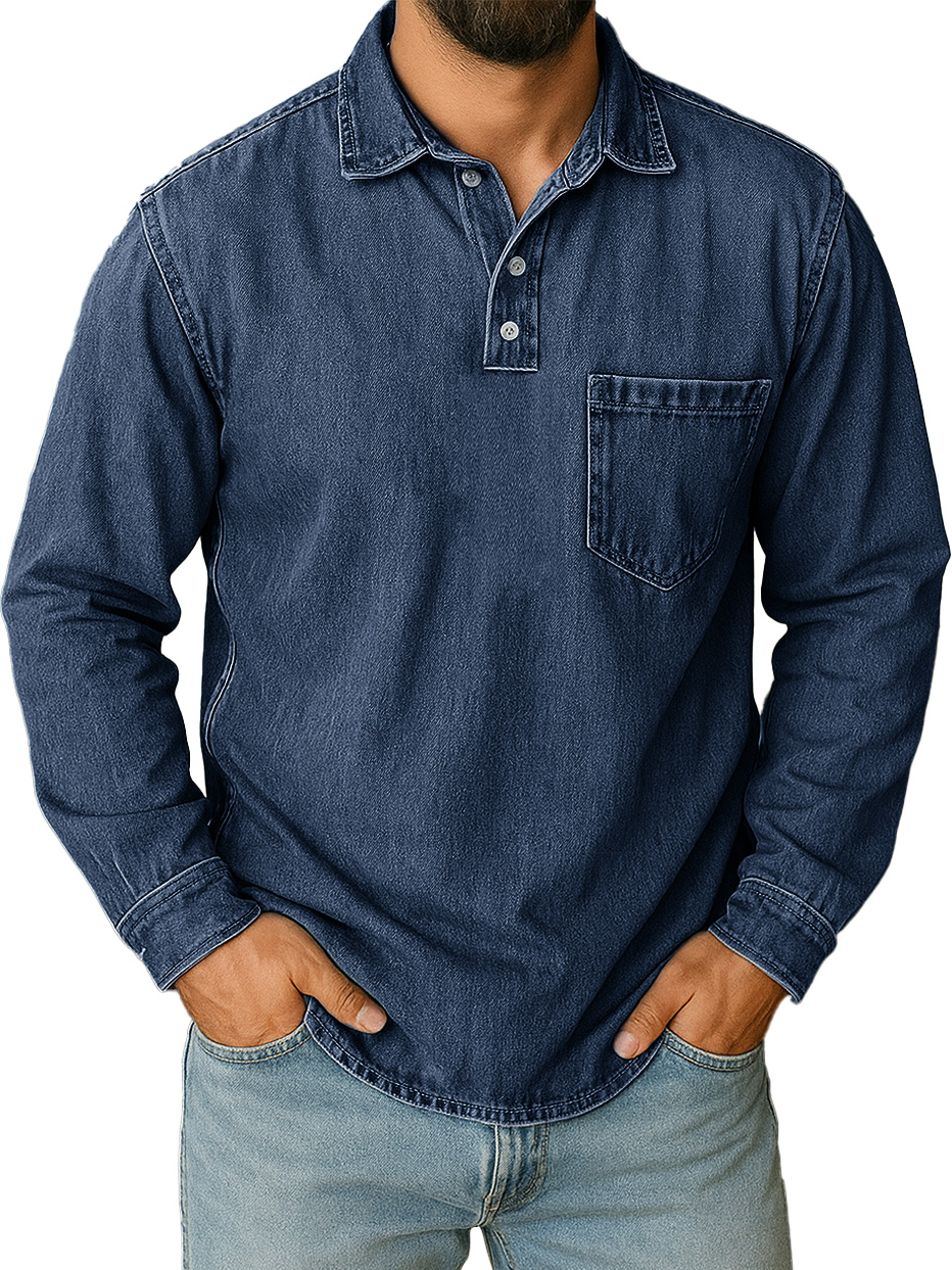 Men's Stylish Vintage Distressed Pocket Lapel Long-sleeved Polo Shirt