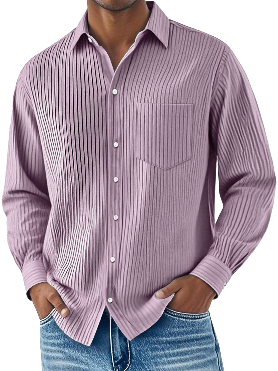 Men's Daily Ribbed Lapel Pocket Casual Long Sleeve Shirt