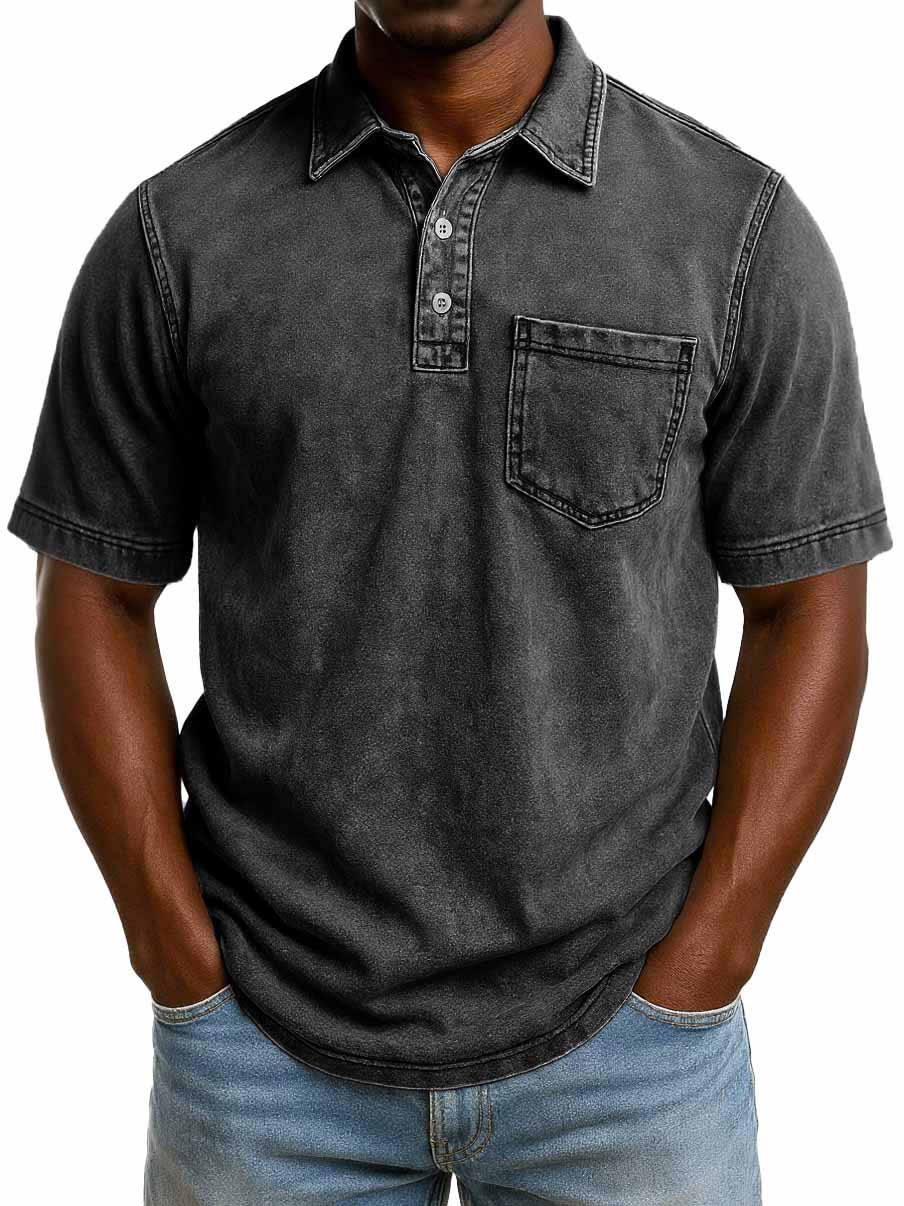 Men's Fashion Casual Retro Washed Short-sleeved Lapel Pocket Polo Shirt