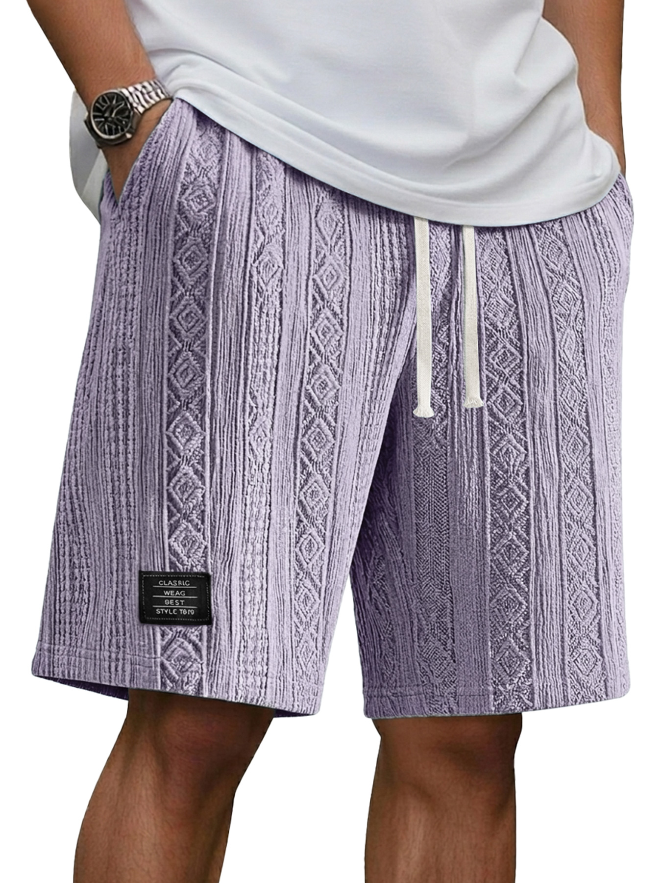 Men's Jacquard Casual Embroidered Logo Elastic Waist Solid Color Shorts