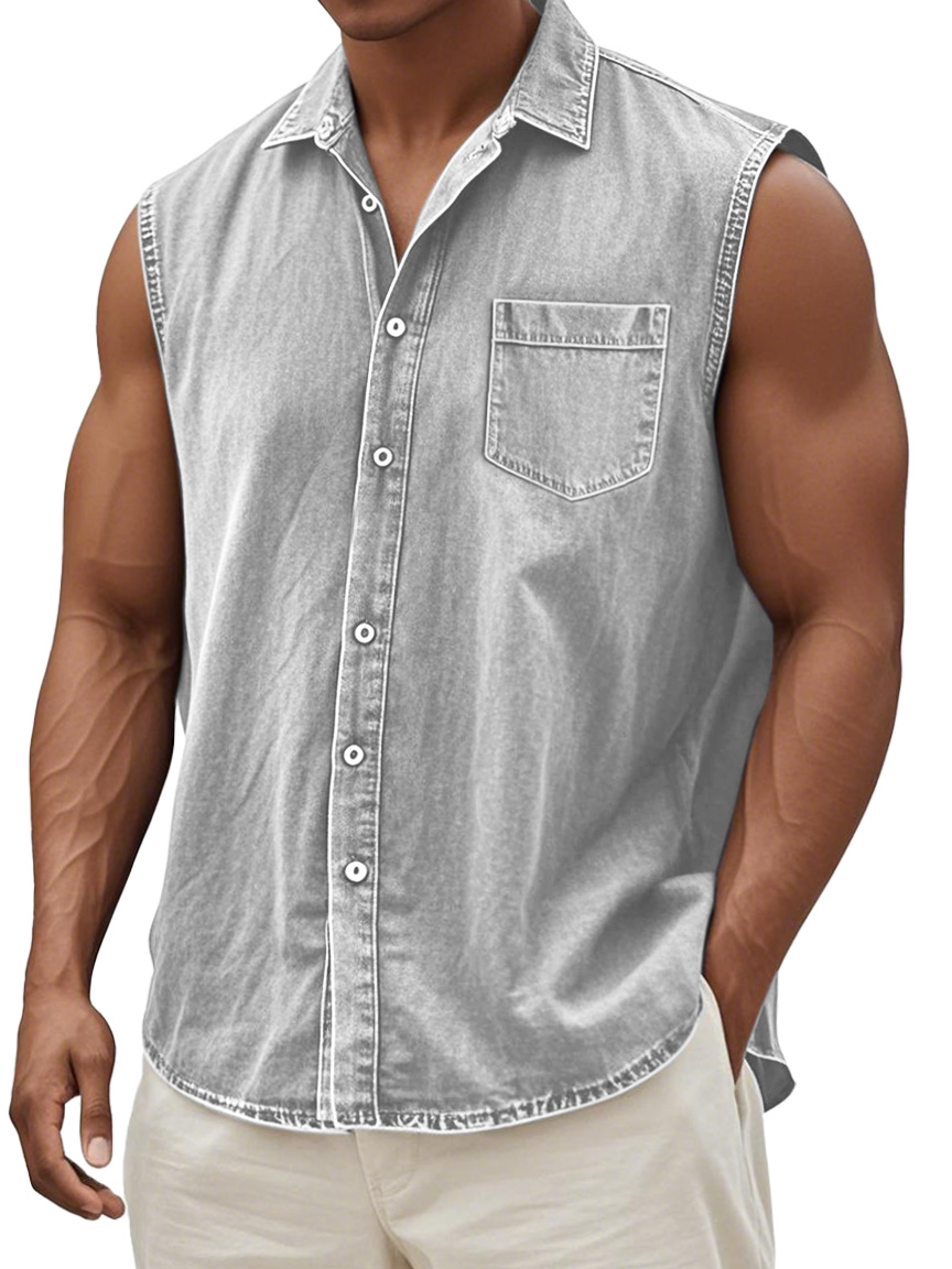 Men's Retro Solid Color Casual Comfortable Sleeveless Lapel Pocket Shirt