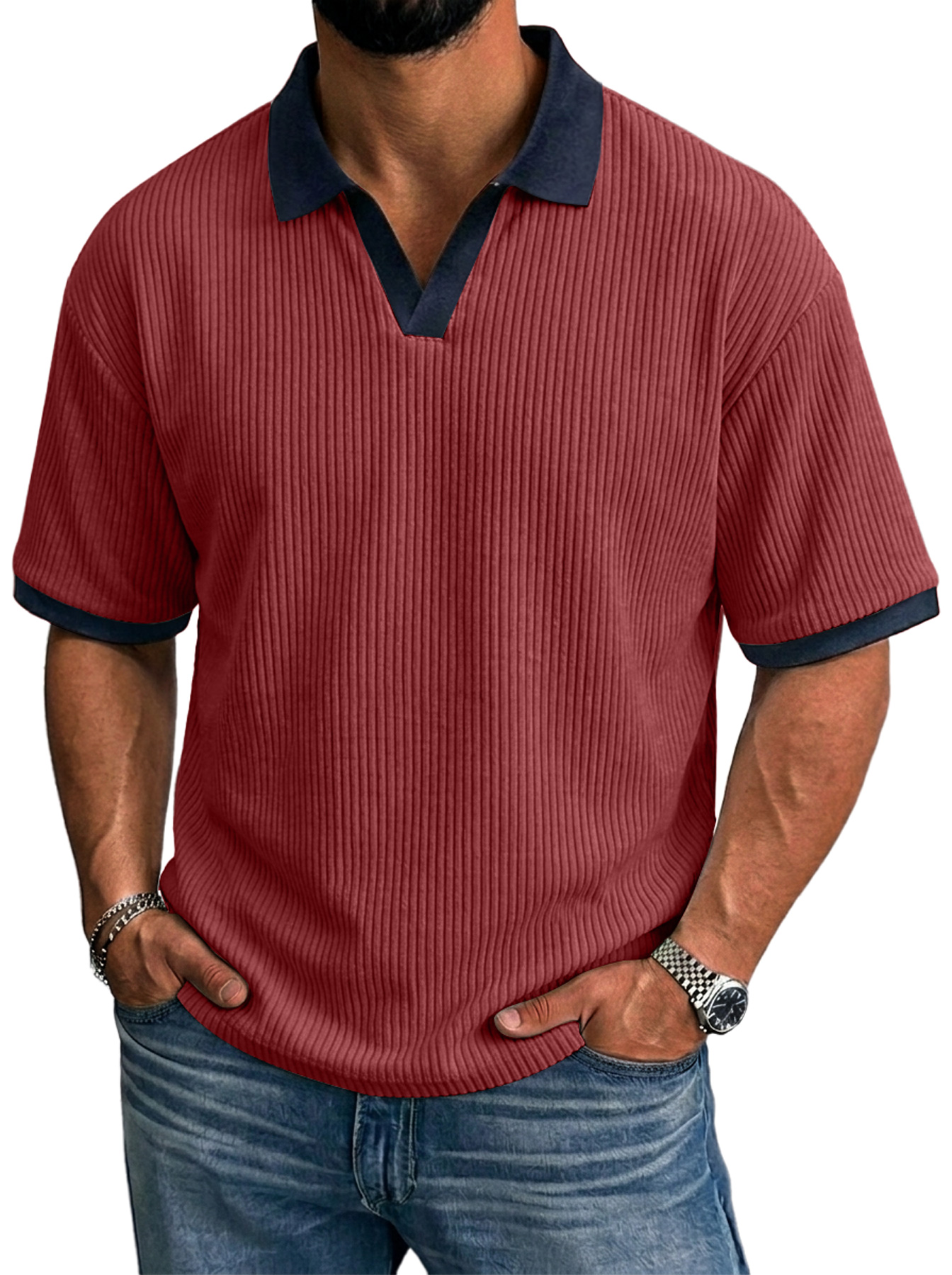 Men's Simple Ribbed Color Block Casual Short-Sleeve Polo Shirt