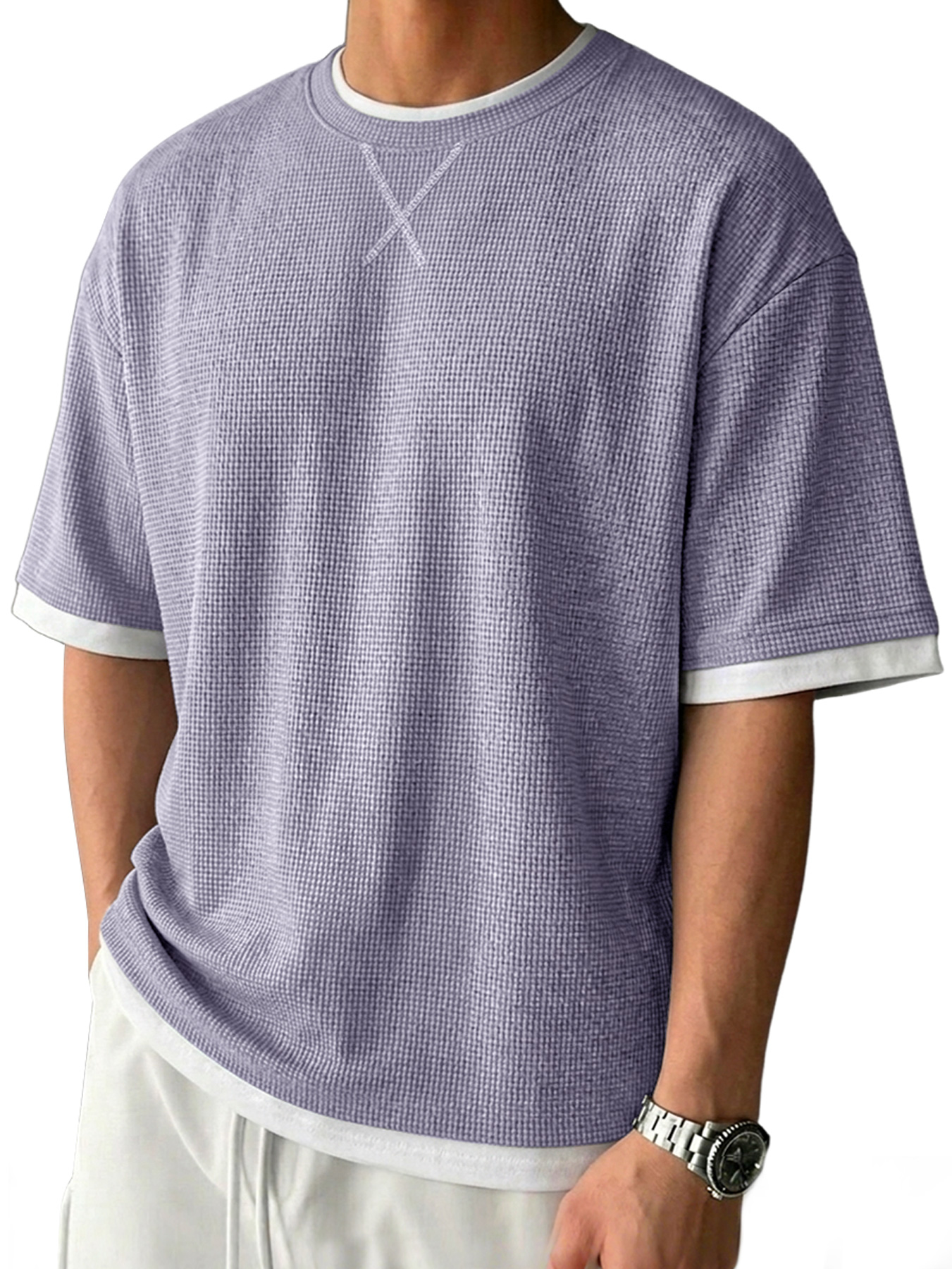 Men's Casual Crew-Neck Solid-Color Textured Short-Sleeve T-Shirt