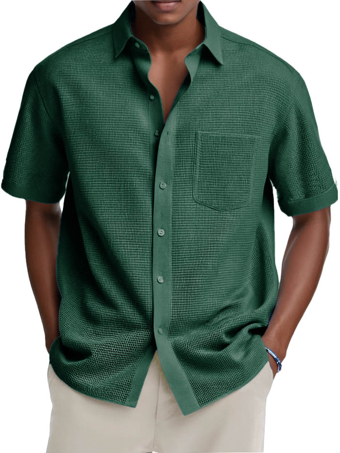 Men's Fashion Casual Retro Waffle Fabric Pocket Short-sleeved Shirt