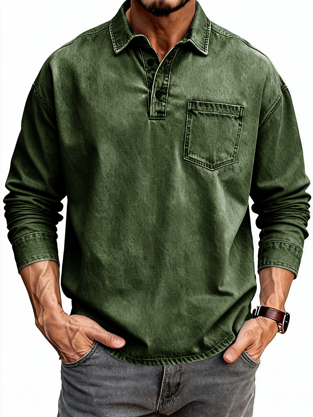 Men's Fashion Retro Distressed Lapel Pocket Long-Sleeve Polo Shirt