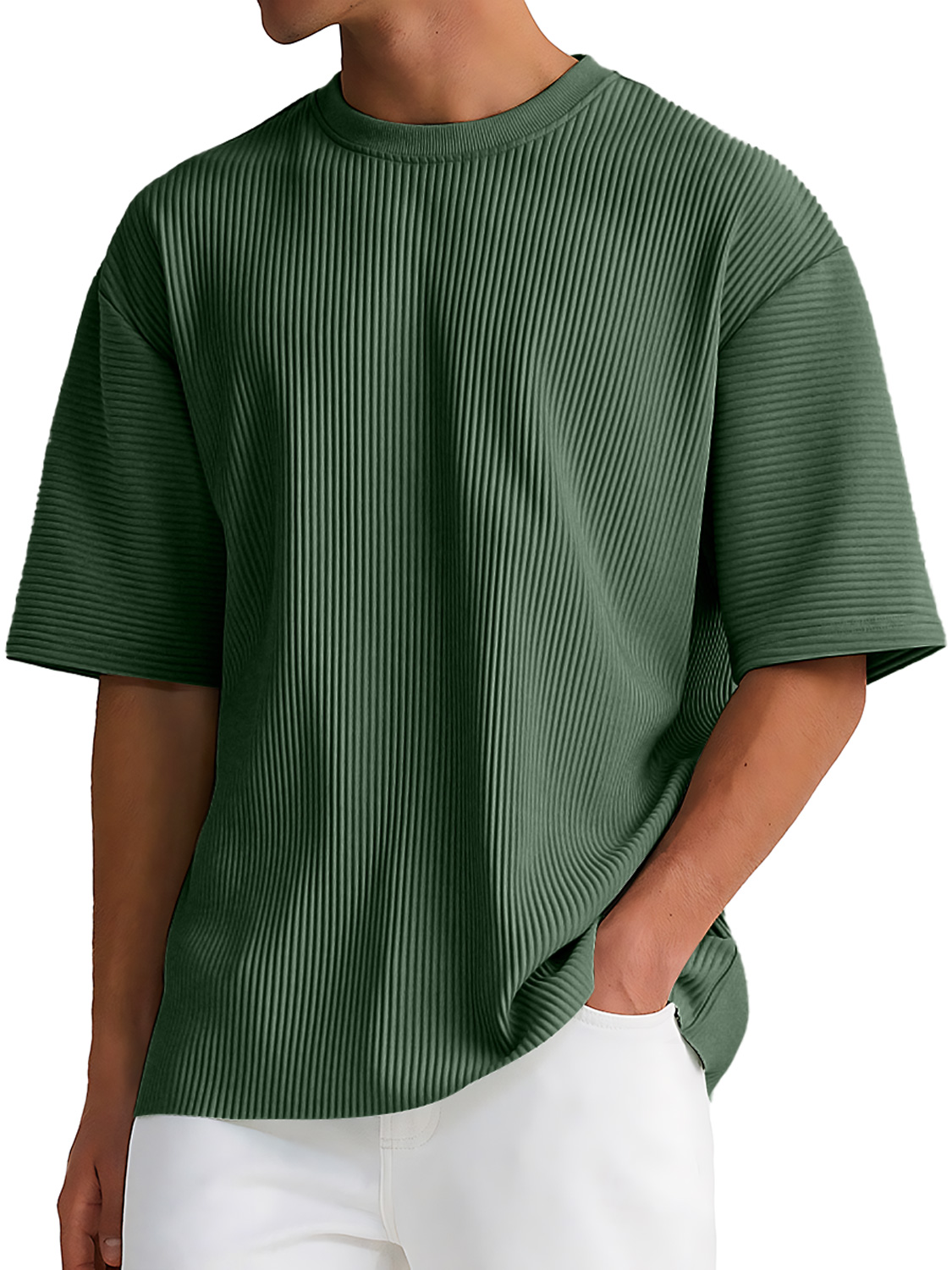 Men's Daily Round Neck Ribbed Texture Casual Solid Color Short-sleeved T-shirt
