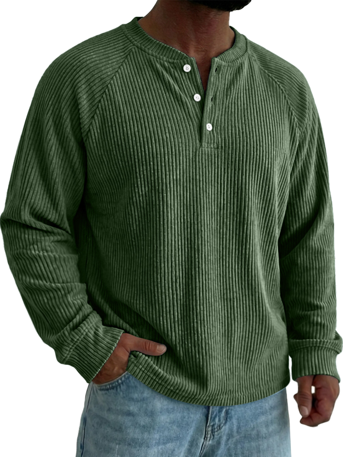 Men's Raglan Sleeve Corduroy Casual Solid Color Long-sleeved Henley Shirt