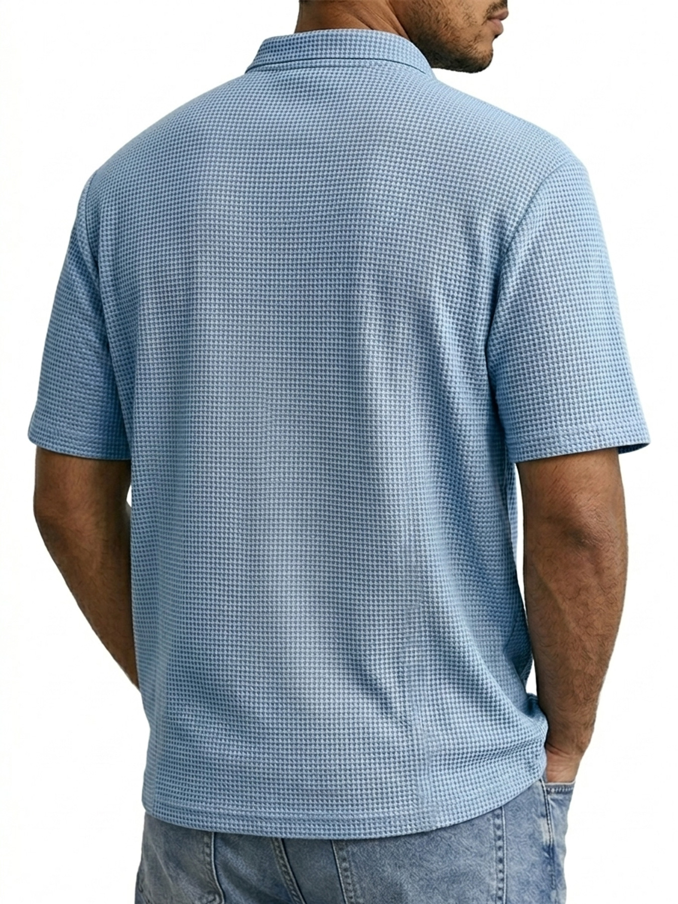 Men's Waffle-knit Deconstructed Stand-up Collar Button-down Casual Short-sleeved Henley Shirt