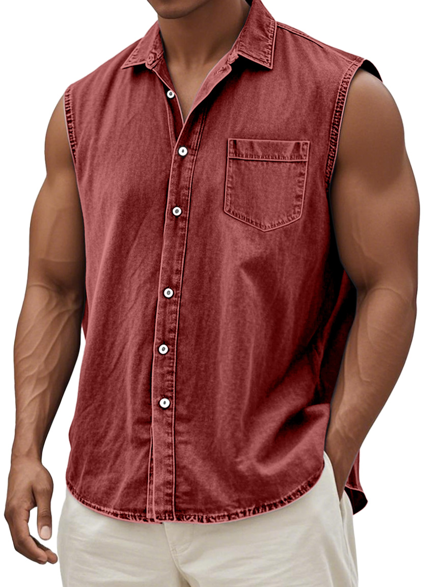 Men's Retro Solid Color Casual Comfortable Sleeveless Lapel Pocket Shirt