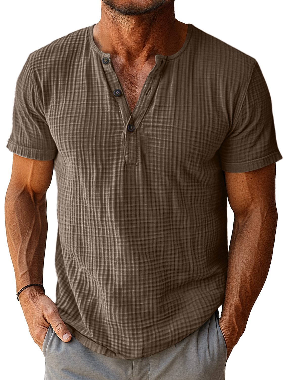 Men's Retro Everyday Pleated Texture Button Solid Color Short Sleeve Henley Shirt