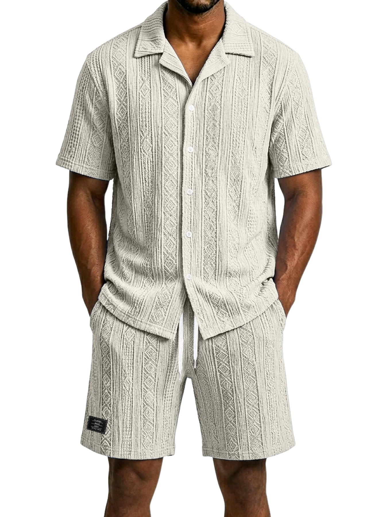 Men's Casual Jacquard Textured Solid Color Shirt and Shorts Two-Piece Set