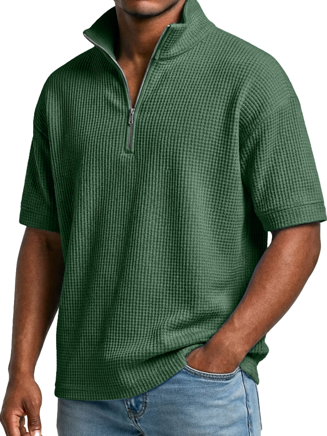 Men's Waffle-knit Simple Stand-collar Zip-up Casual Short-sleeved T-shir