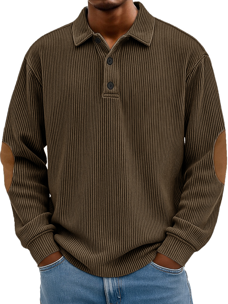 Men's Wear Fashionable Retro Stitching Pit Strip Long-sleeved Lapel Polo Shirt