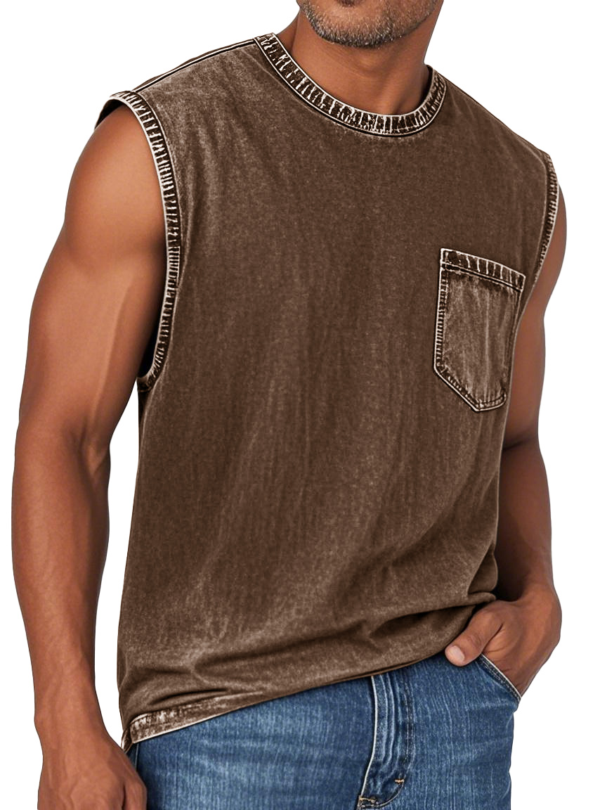 Men's Fashion Retro Washed Round Neck Pocket Sleeveless T-shirt