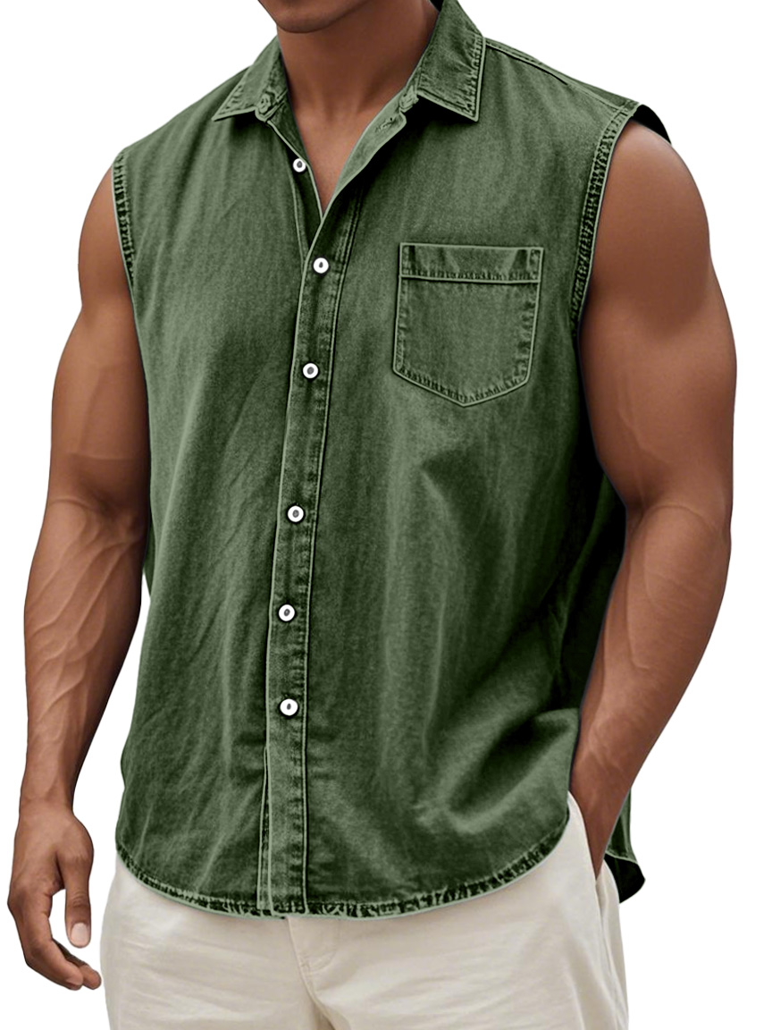 Men's Retro Solid Color Casual Comfortable Sleeveless Lapel Pocket Shirt