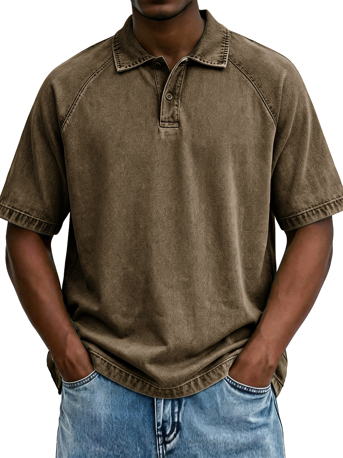 Men's Fashionable Raglan Distressed Collared Loose Short-Sleeve Polo Shirt