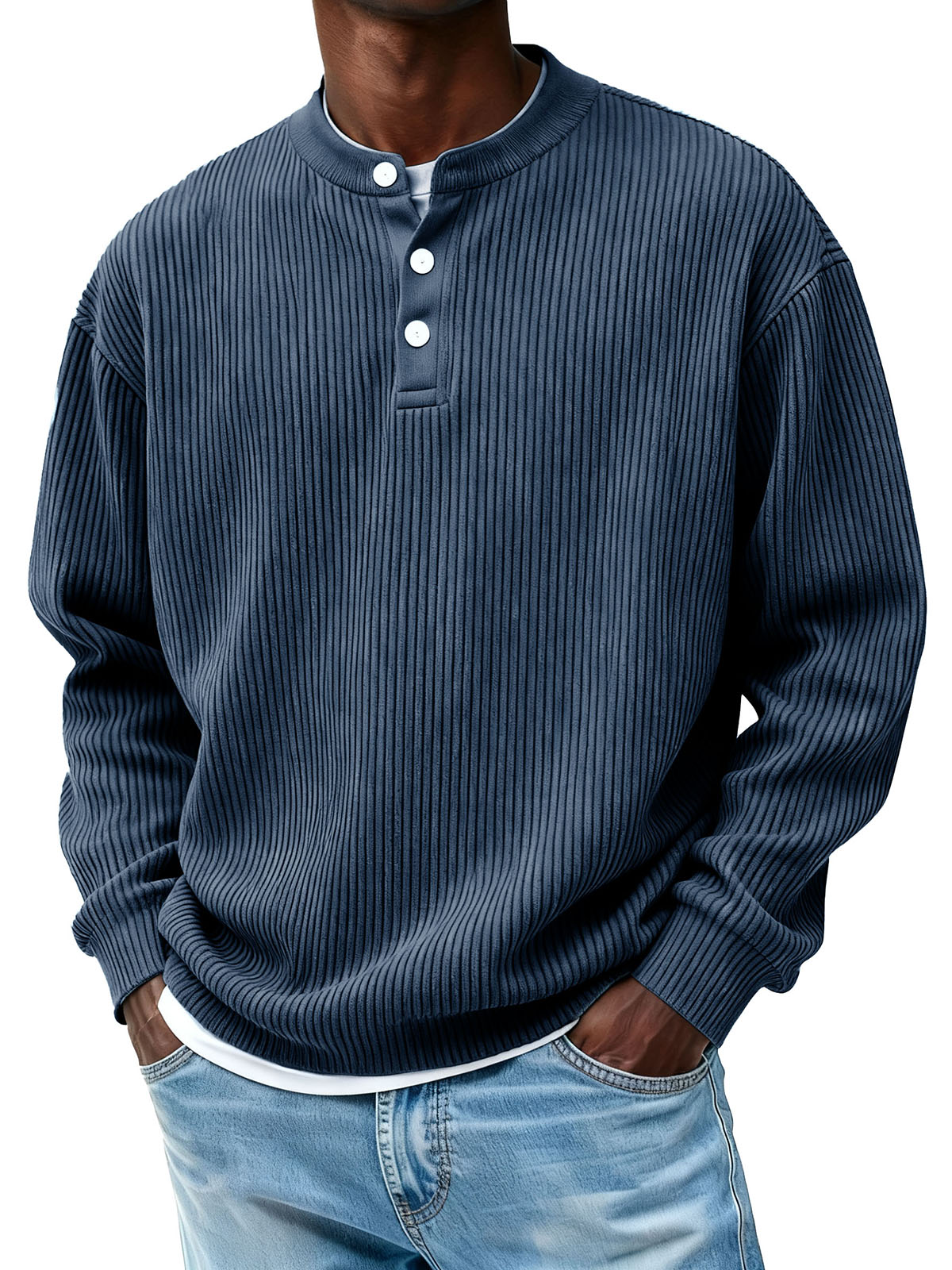 Men's Casual Pit Strip Fabric Three-button Long-sleeved Henry Shirt