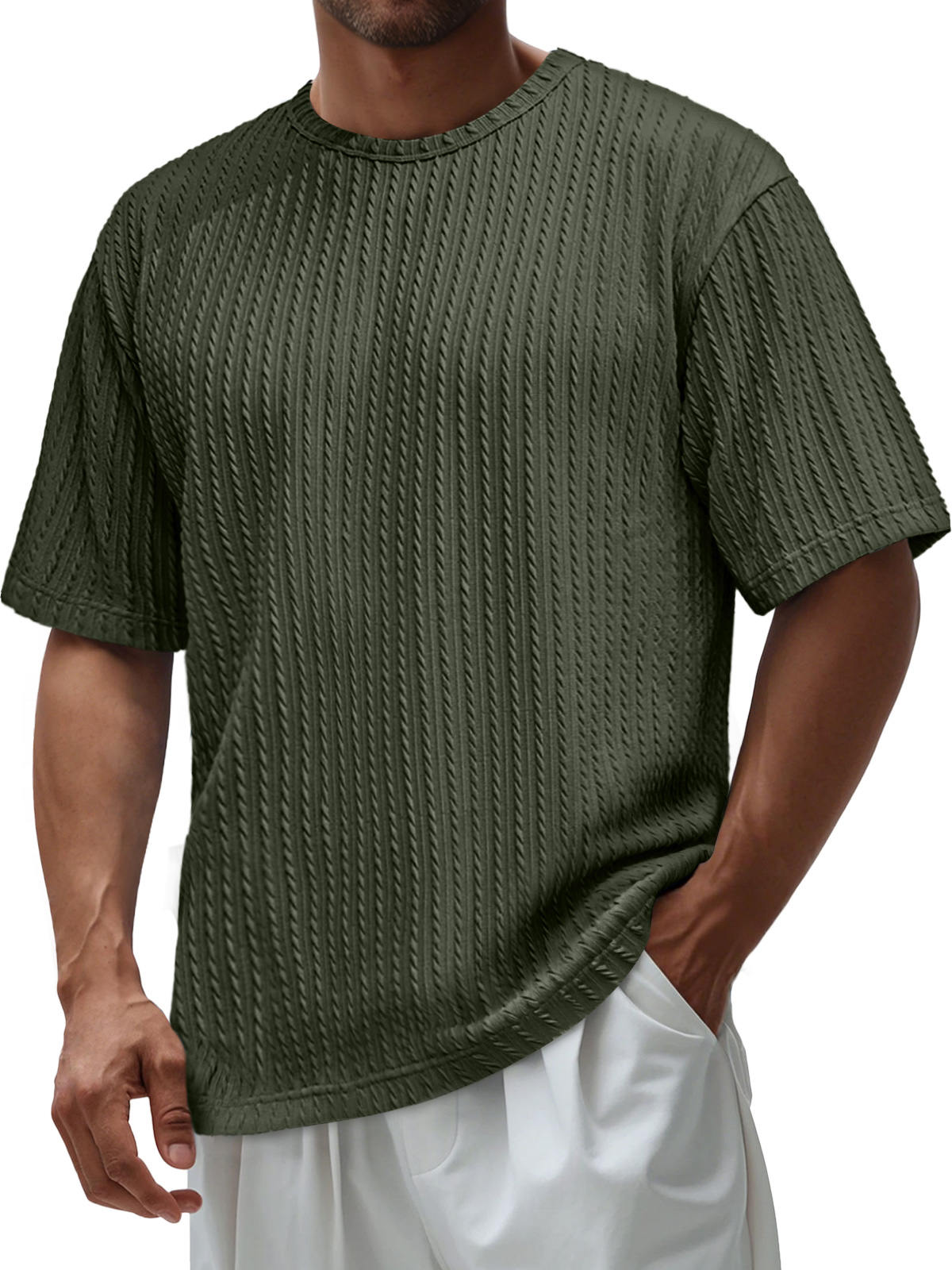 Men's Daily Round Neck Jacquard Texture Casual Solid Color Short-sleeved T-shirt