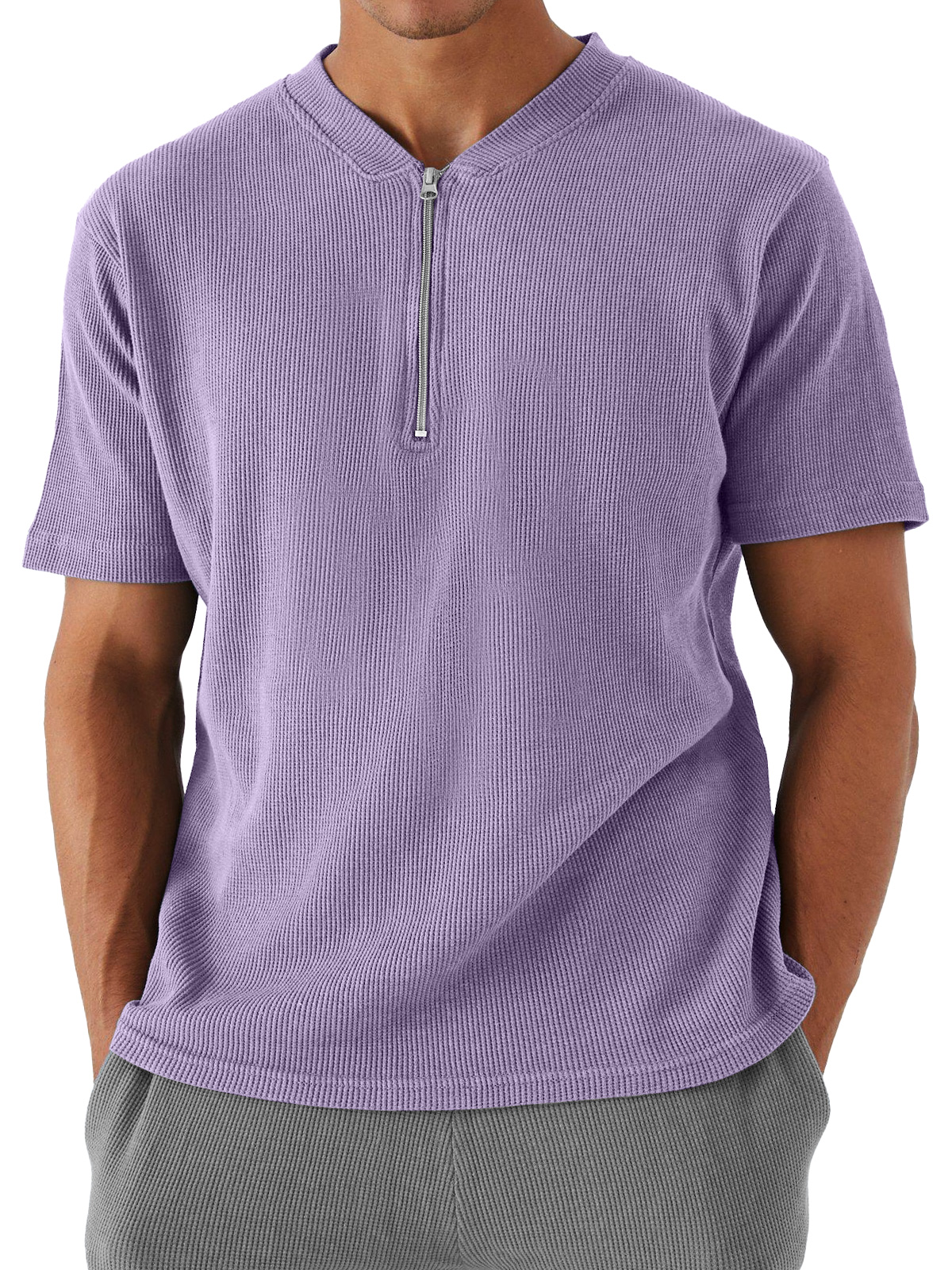 Men's Waffle Zipper Casual Solid Color Short Sleeve T-shirt