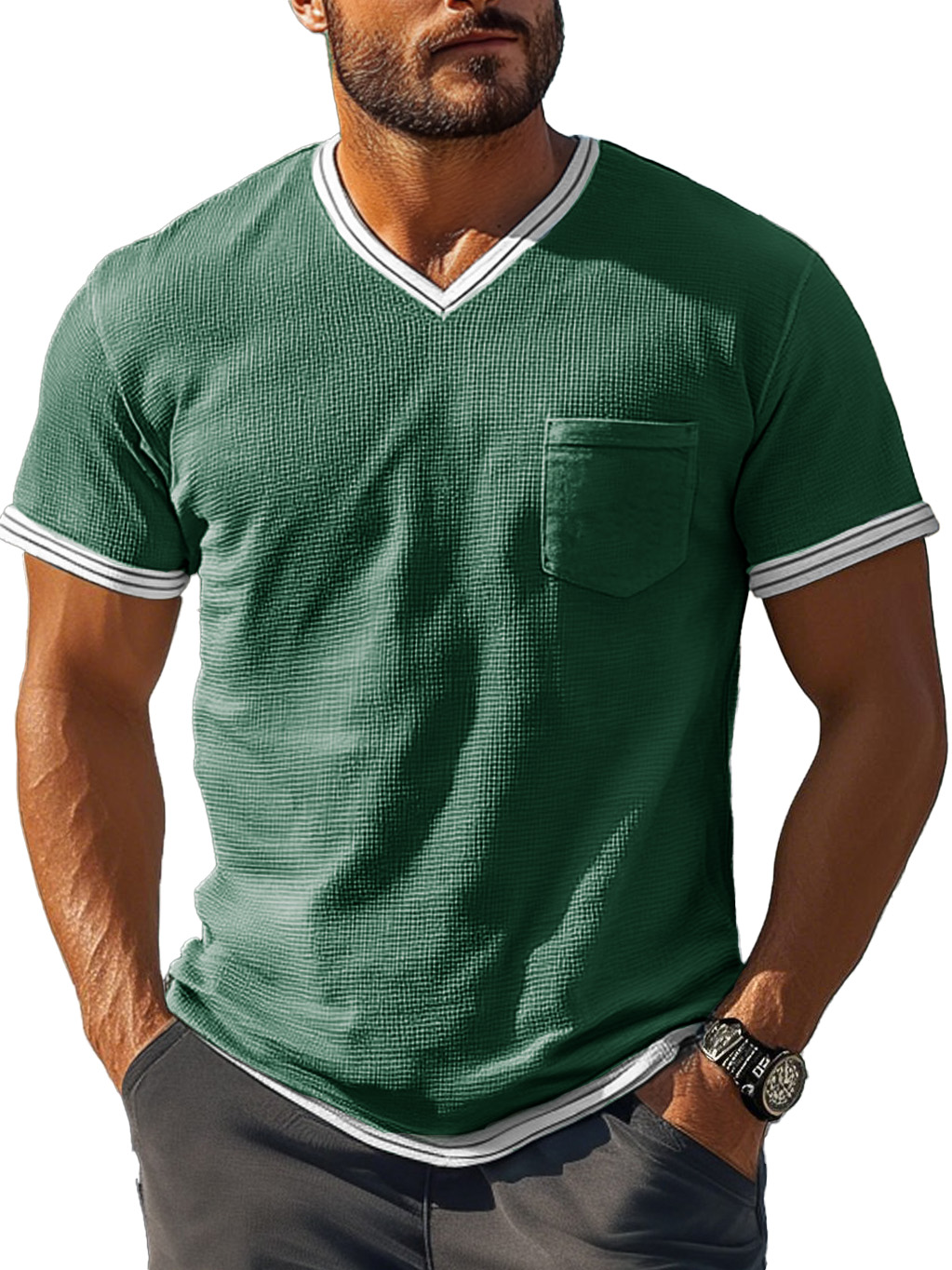 Men's Fashion Retro Patchwork Textured Fabric V-neck Short-sleeved T-shirt