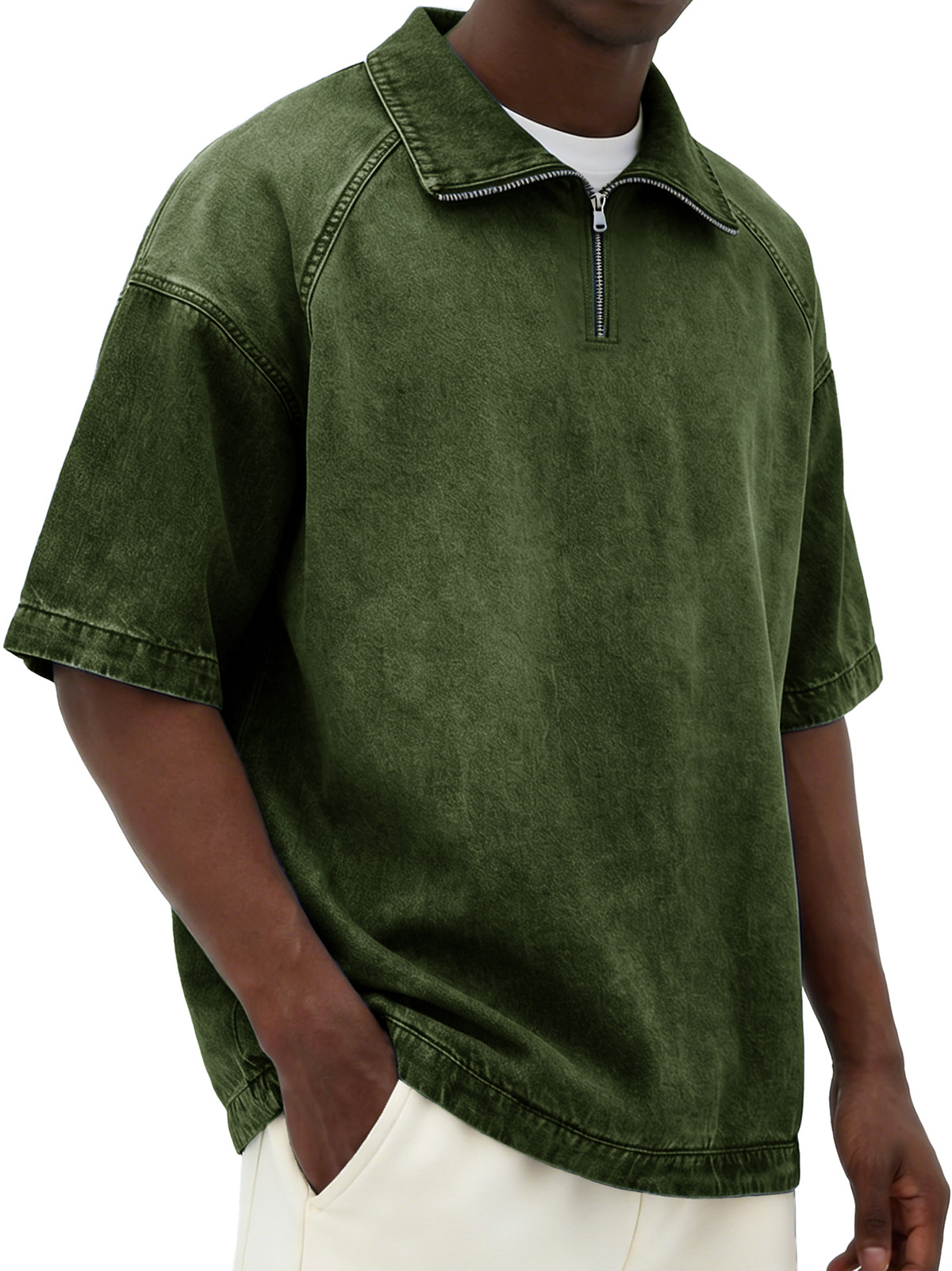 Men's Retro Distressed Zipper Raglan Collar Loose-Fit Short-Sleeve Polo Shirt
