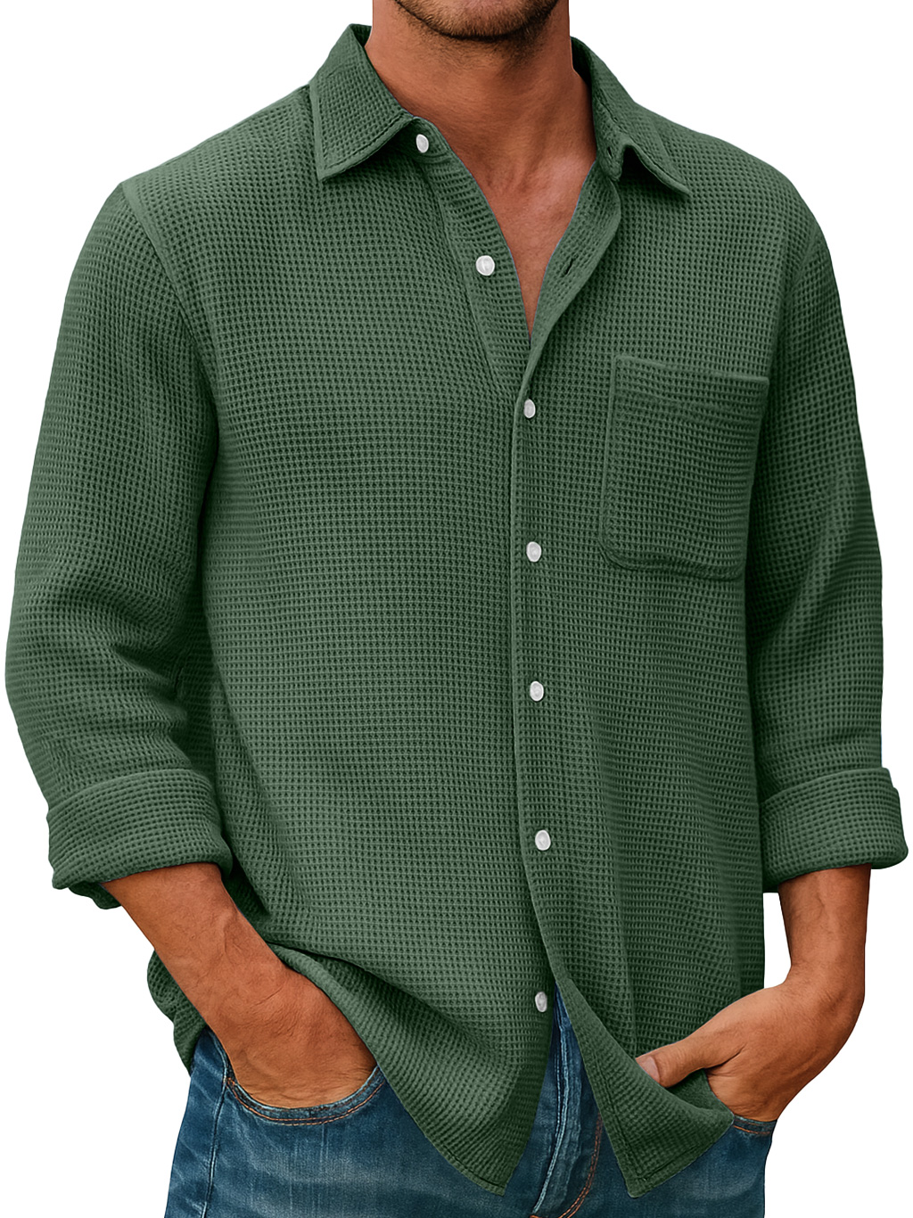 Men's Waffle Everyday Casual Pocket Comfort Long Sleeve Shirt