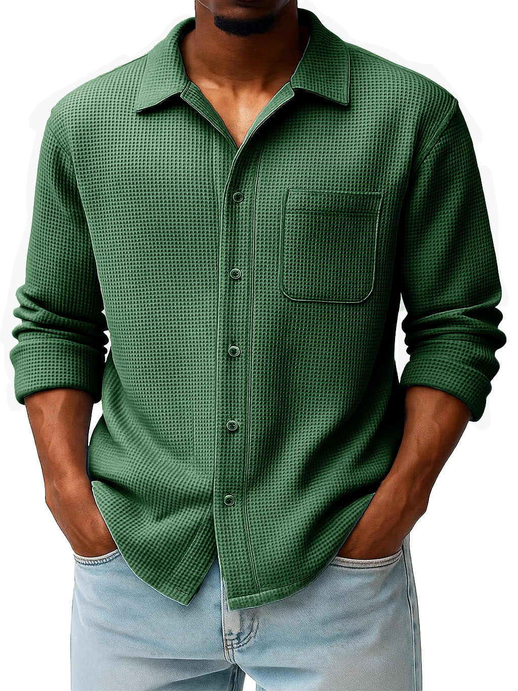 Men's Fashion Casual Waffle Fabric Pocket Long Sleeve Lapel Shirt
