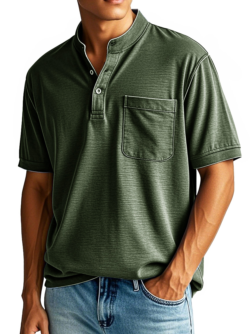 Men's Fashion Casual Stand-up Collar Pocket Short-sleeved Henley Shirt