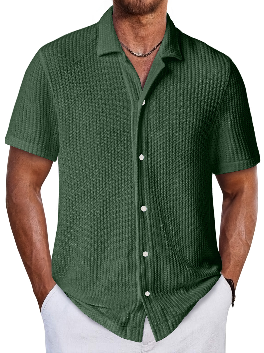 Men's Daily Waffle Texture Casual And Comfortable Short-sleeved Shirt