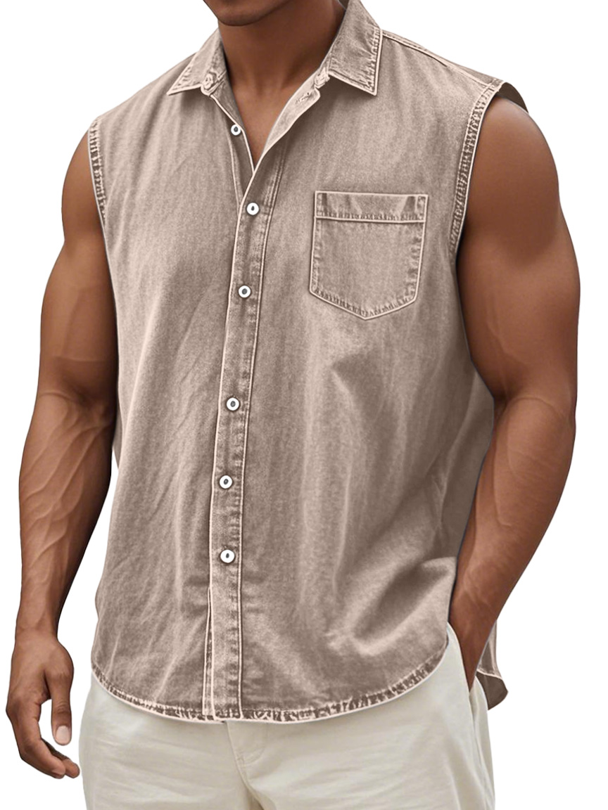 Men's Retro Solid Color Casual Comfortable Sleeveless Lapel Pocket Shirt