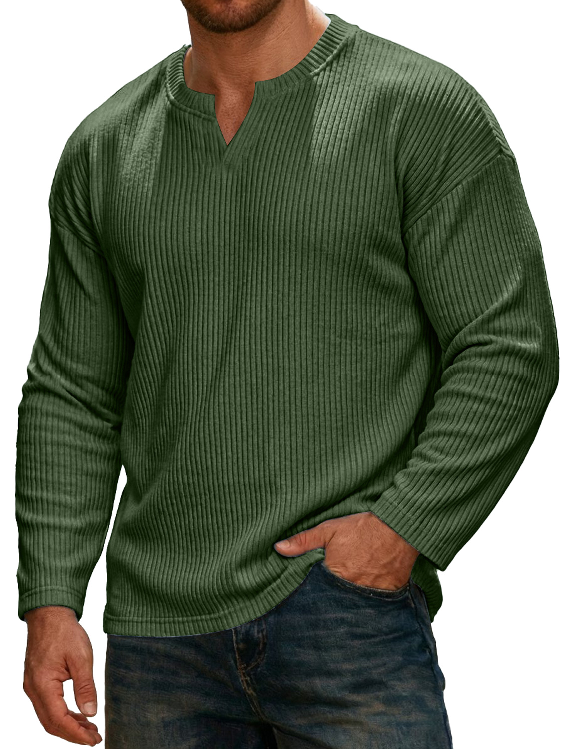 Men's Simple Ribbed V-neck Long-sleeved Casual T-shirt