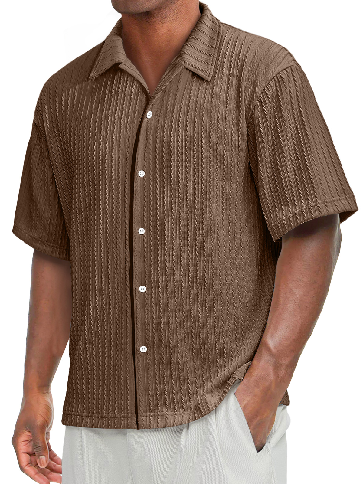 Men's Daily Texture Casual Lapel Solid Color Comfortable Short-sleeved Shirt