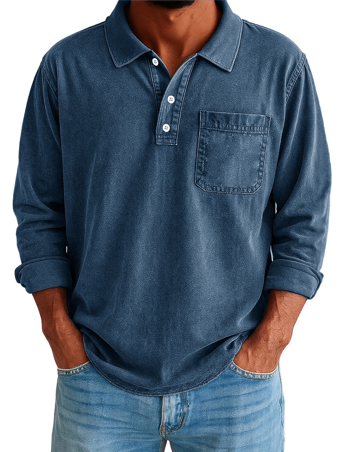 Men's Stylish Vintage Washed And Distressed Lapel Long-sleeved Polo Shirt With Pockets