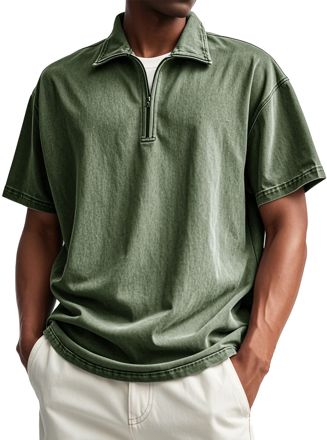 Men's Fashion Retro Distressed Short Sleeve Stand Collar Zip Polo Shirt