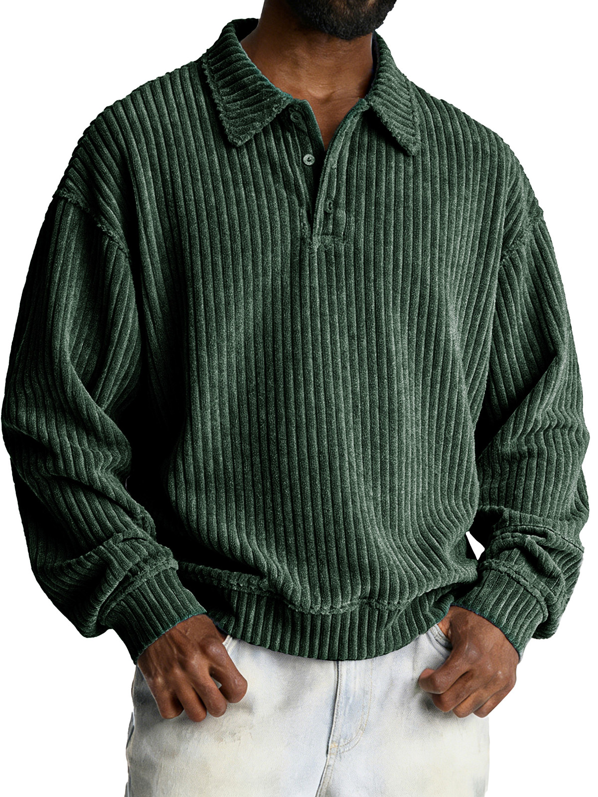 Fashionable Retro Loose Pit Strip Fabric Lapel Long-sleeved Polo Shirt