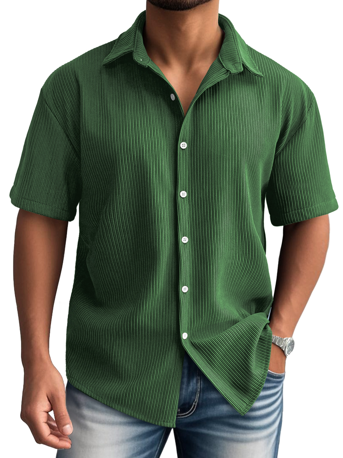 Men's Daily Lapel Ribbed Casual Comfortable Short-sleeved Shirt