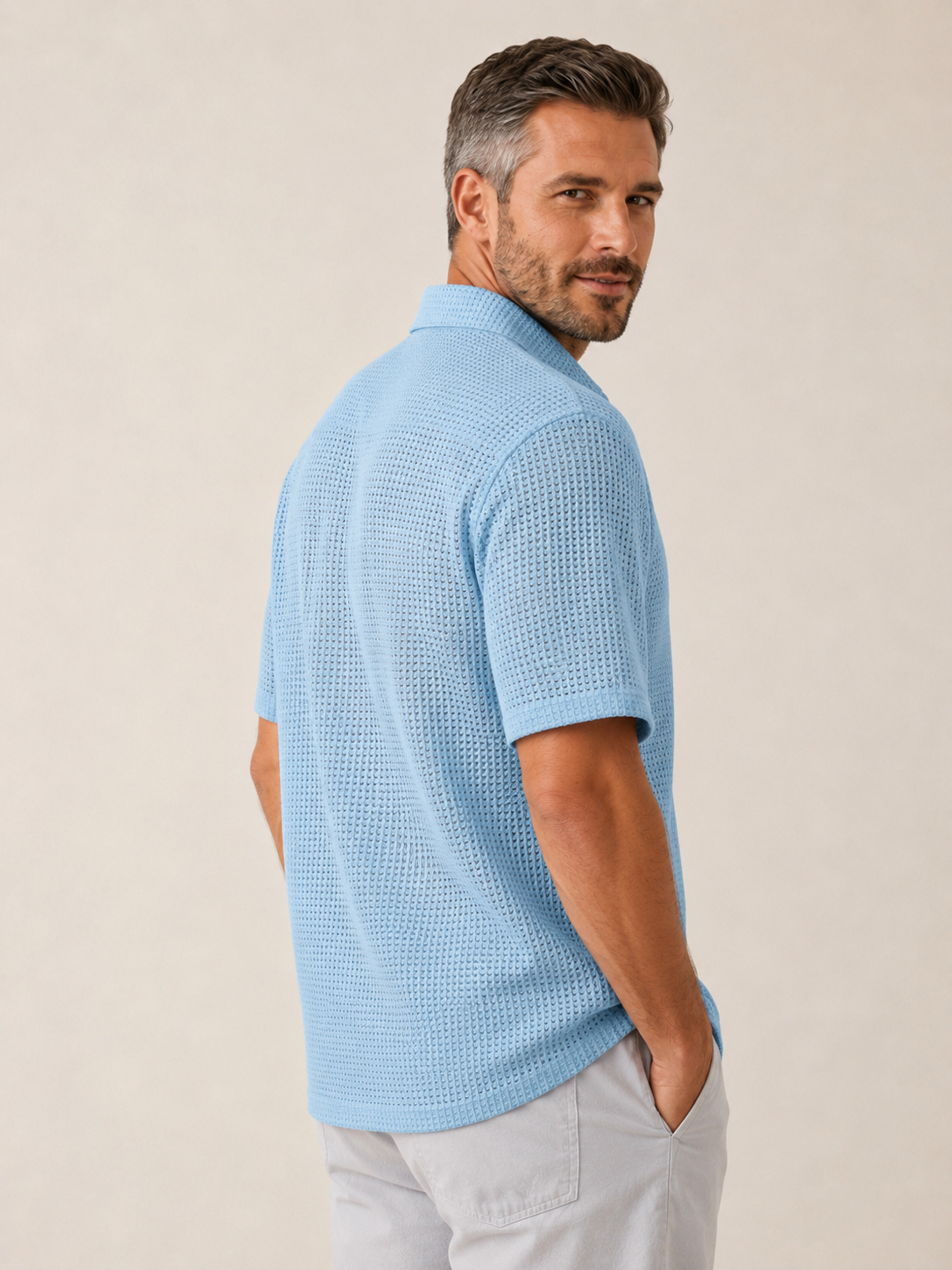 Men's Solid-Color Waffle-Knit Casual Short-Sleeve Shirt
