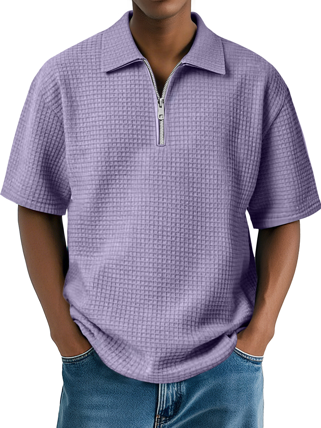 Men's Daily Waffle Lapel Zipper Casual Comfort Short Sleeve POLO Shirt