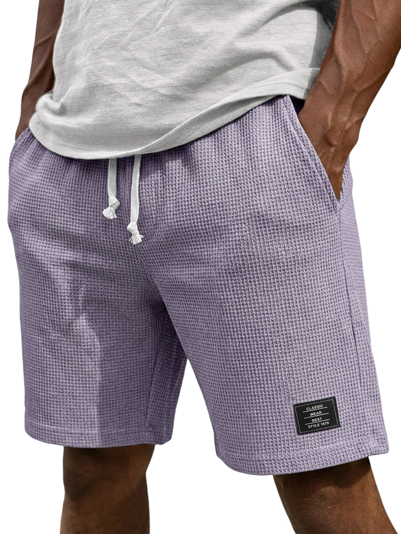 Men's Casual Waffle Embroidered Logo Elastic Waist Loose Shorts