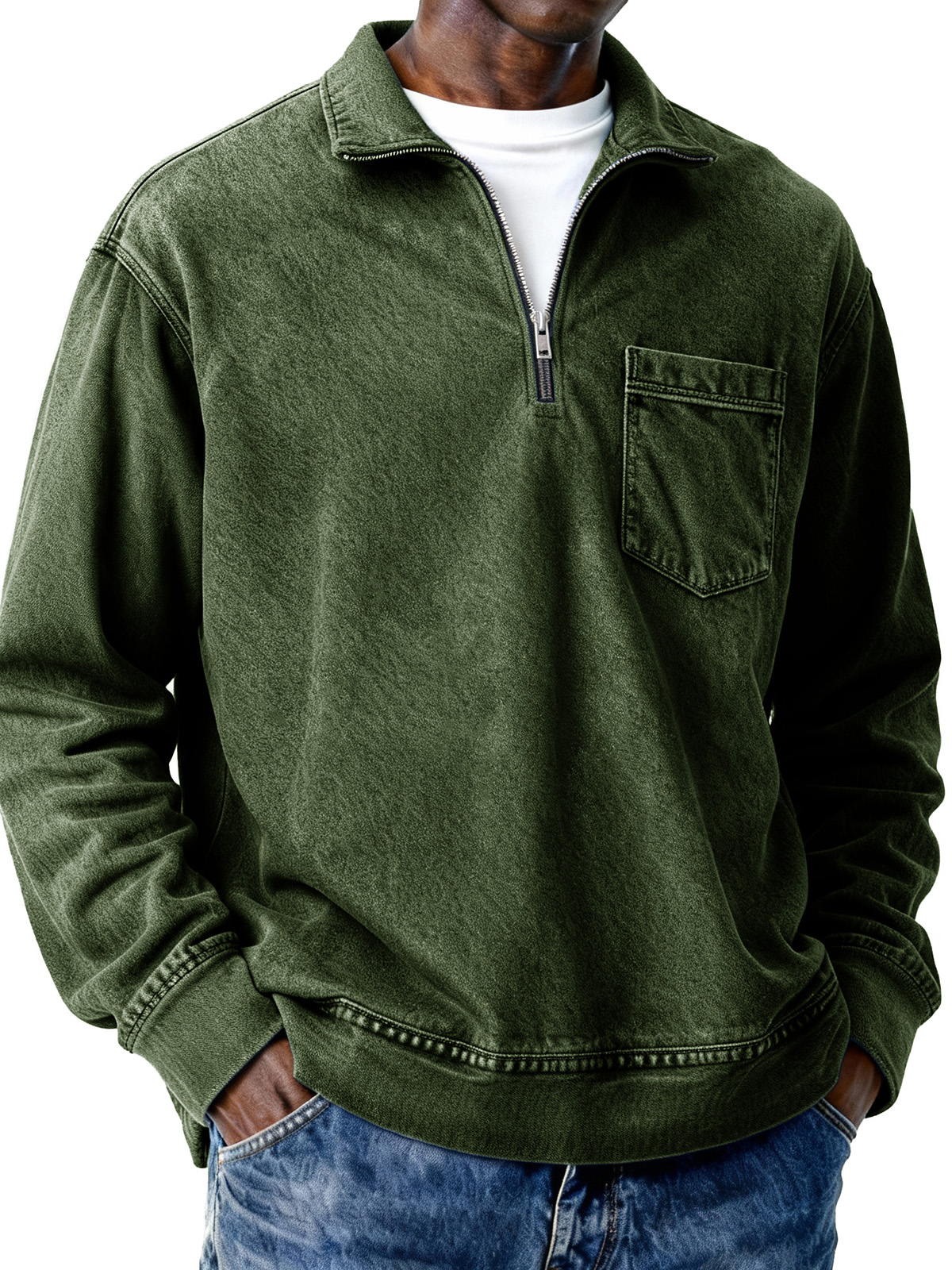 Men's Retro Distressed Zipper Loose Long-Sleeve Polo Shirt