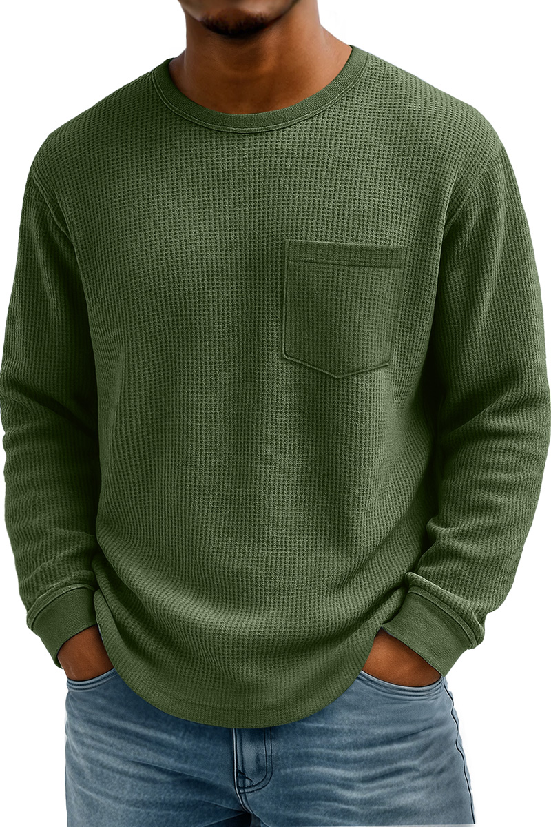 Men's Waffle Casual Crew Neck Pocket Long Sleeve T-Shirt