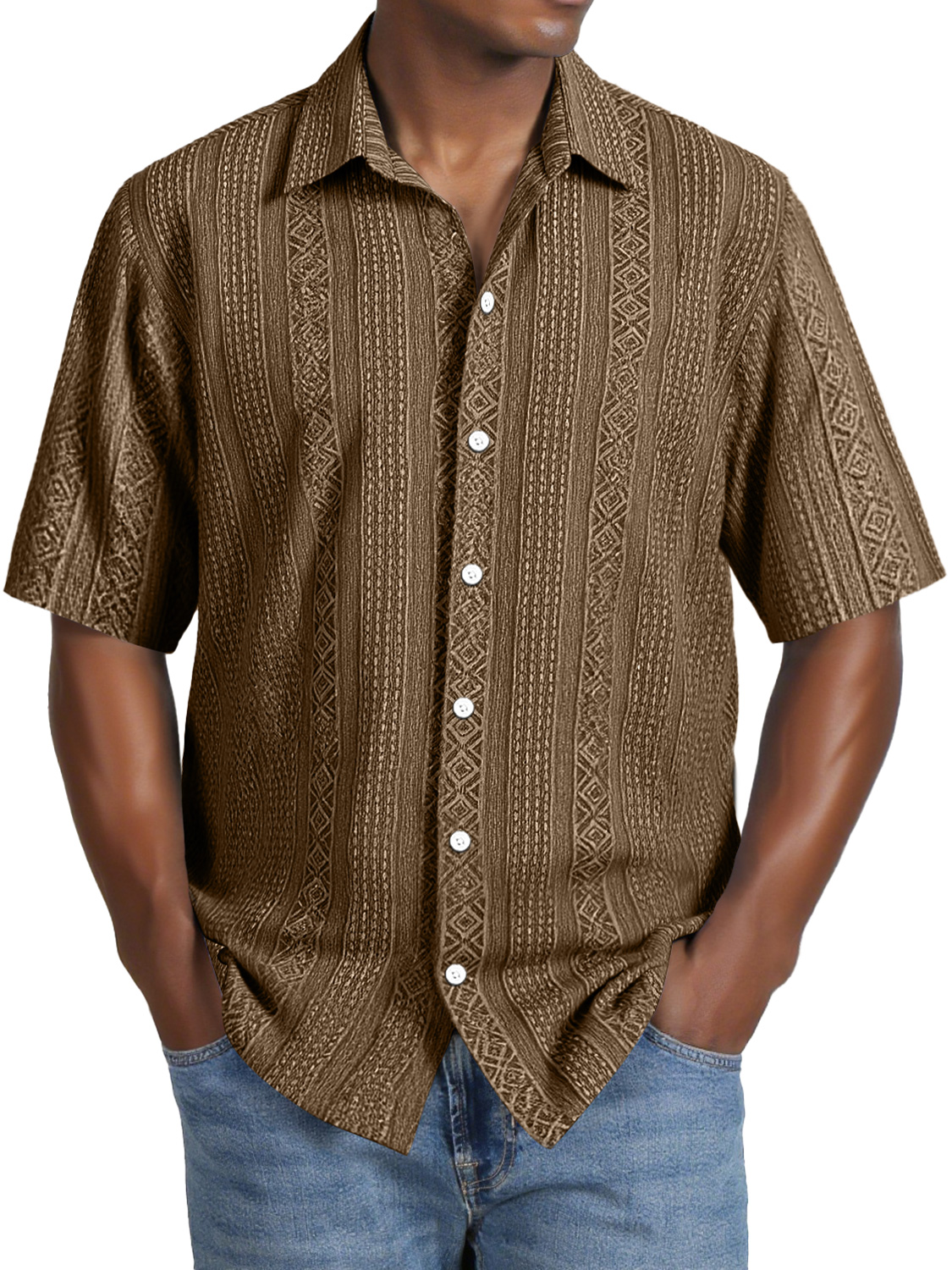 Men's Daily Casual Jacquard Texture Lapel Comfortable Short-sleeved Shirt