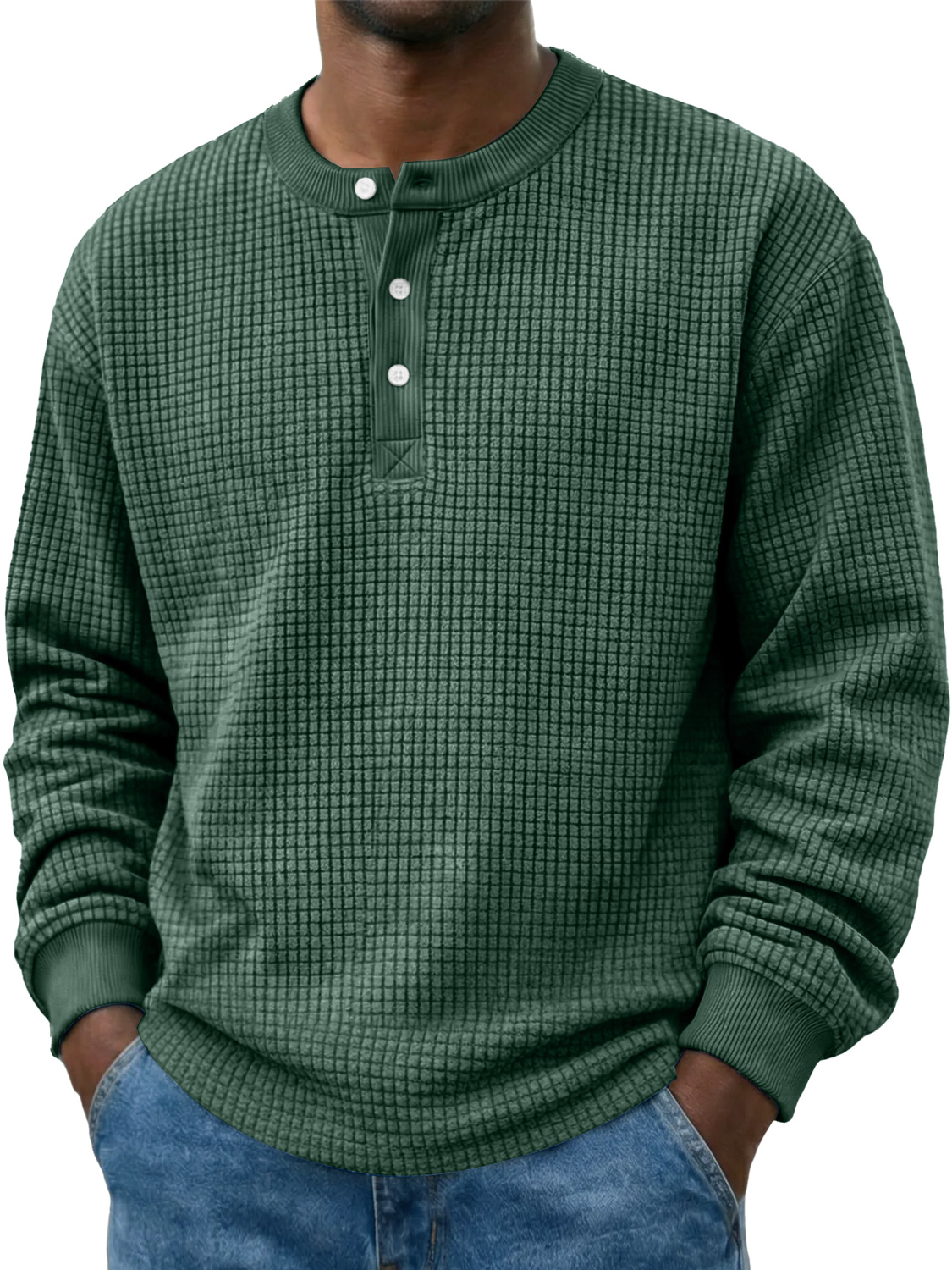 Men's Casual Corduroy Waffle-knit Solid Color Long-sleeved Henley Shirt