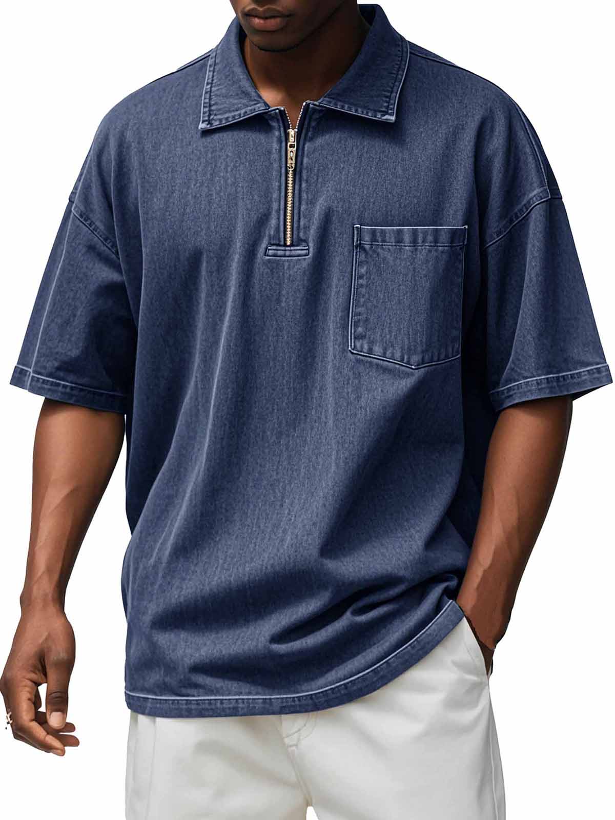 Men's Retro Distressed Zip Pocket Short Sleeve Polo Shirt