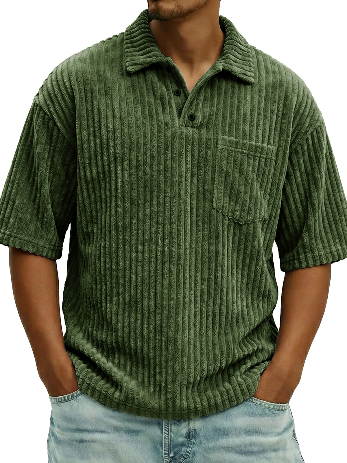 Men's Fashionable Ribbed Pocket Collar Short-Sleeve Polo Shirt