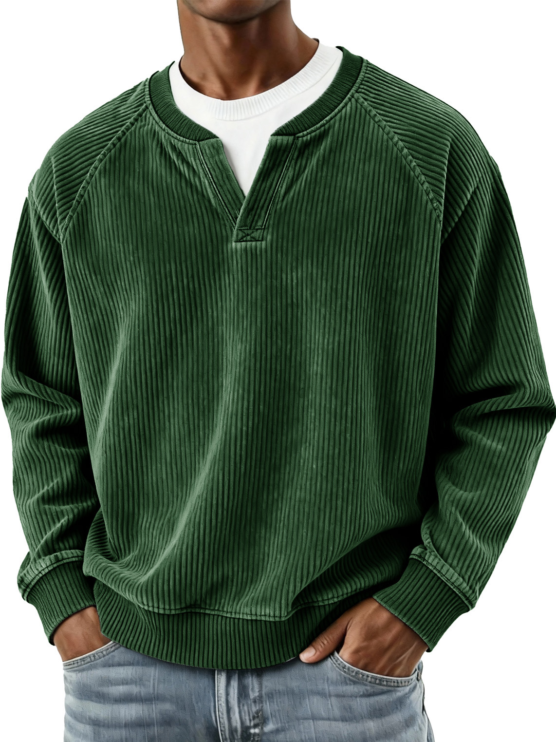 Men's Fashionable Casual Vertical Striped Corduroy Fabric Faux Two-piece Long-sleeved Top