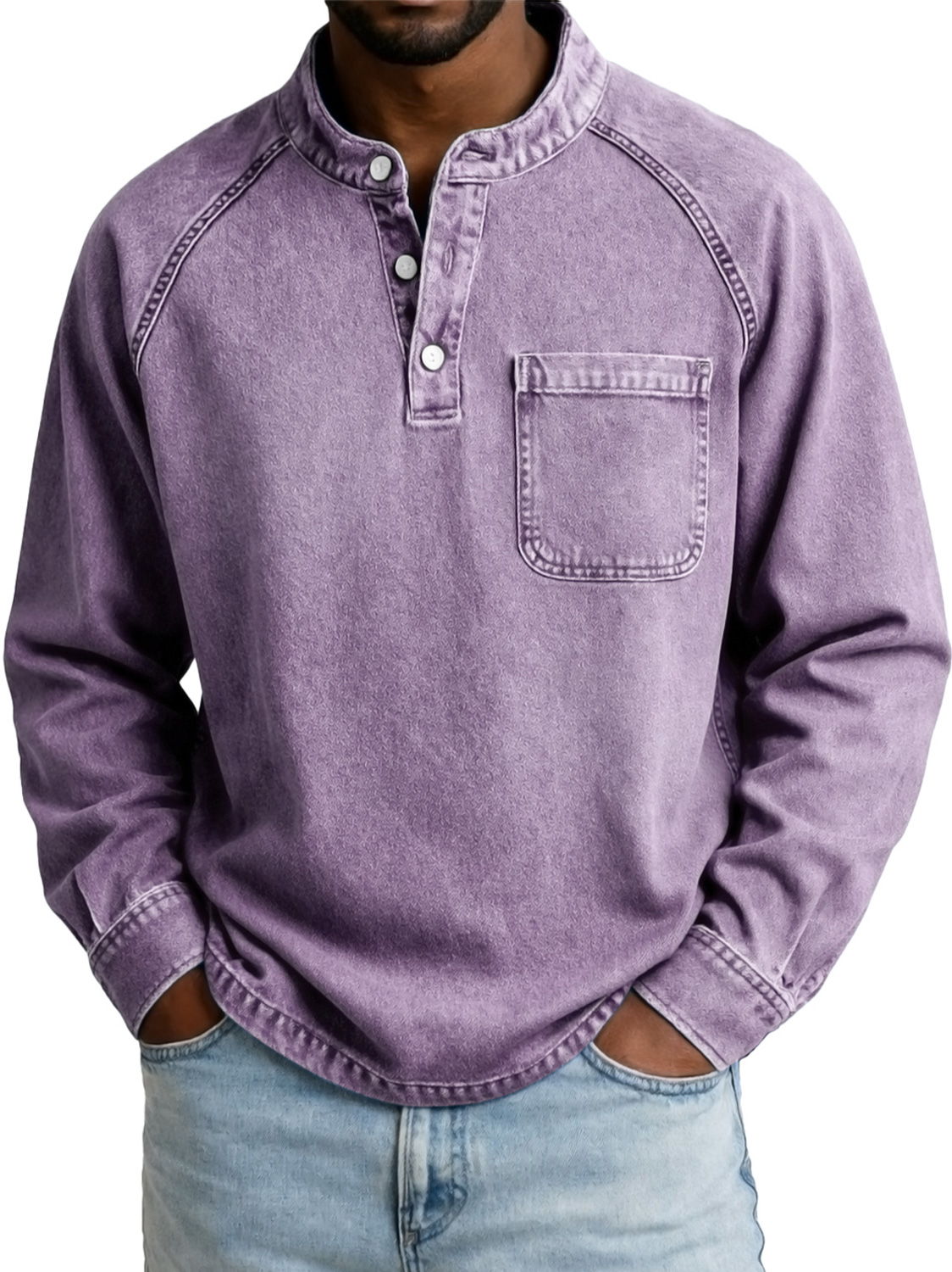 Men's Vintage Casual Raglan Sleeve Pocket Long-sleeved Henley Shirt