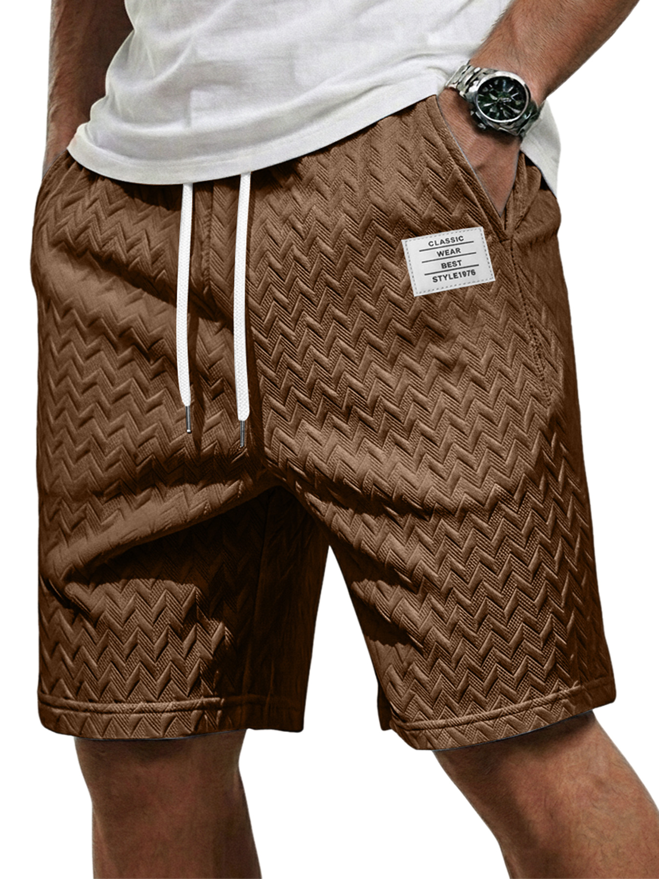 Men's Casual Jacquard Textured Embroidered Logo Elastic Waist Shorts