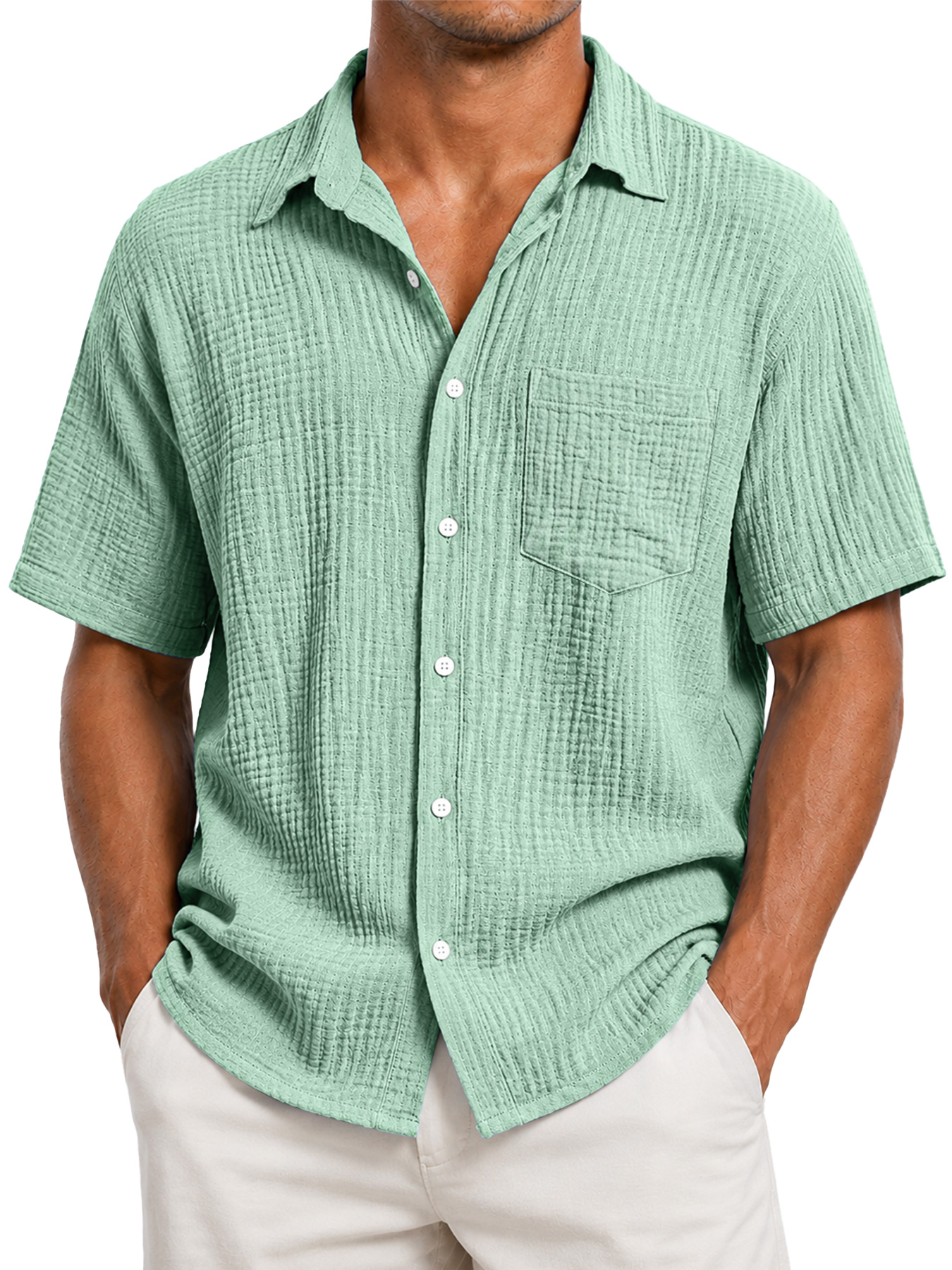 Men's Casual Solid-Color Short-Sleeve Shirt with Textured Pleats and Pocket